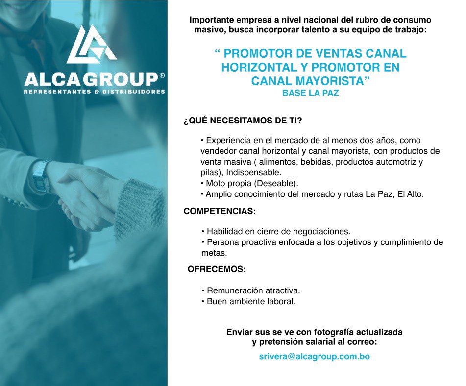 PROMOTOR DE VENTAS CANAL HORIZONTAL Y CANAL MAYORISTAS | Trabajando Bolivia